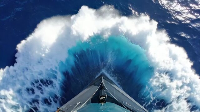 Aerial view from a ship's bow, splitting waves of white foam against the deep blue sea