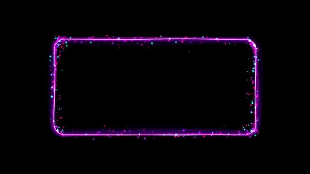 Neon glowing rectangular frame with sparkling particles on black background