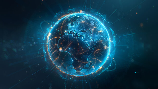 Futuristic digital globe of Earth with glowing data points network connections on a dark background. Worldwide links on planet earth at night. Concept of World communication technology. 3d render