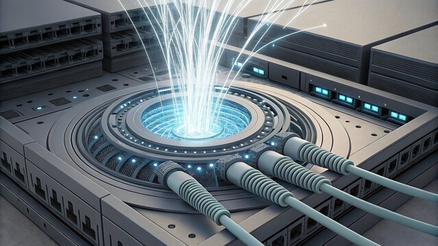 Detailed Fiber Optic Hub with Multiple Cables and Light Effects