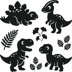 Set of four charming dinosaur silhouettes with plant elements like ferns and pine cones © designNex
