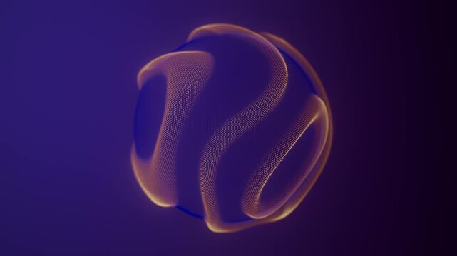 Distortion waves on abstract sphere of particles loop. Digital data splash of spherical point array. Round waveform dot UI element. Futuristic blue mesh glitch orb