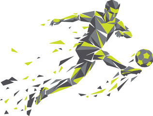 Abstract geometric illustration captures a soccer player in dynamic motion kicking the ball © designNex