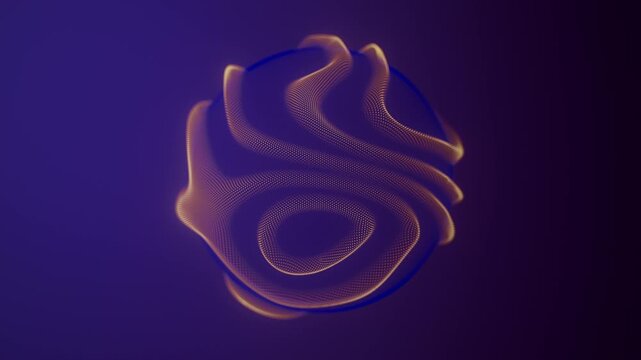 Distortion waves on abstract sphere of particles loop. Digital data splash of spherical point array. Round waveform dot UI element. Futuristic blue mesh glitch orb