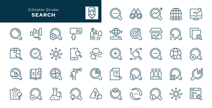 Search. Set of outline icons. Magnifying glass, research, analysis, monitoring, inspector, detective, seo, search bar, zoom, explore and more. Line icon in linear style. Vector collection	