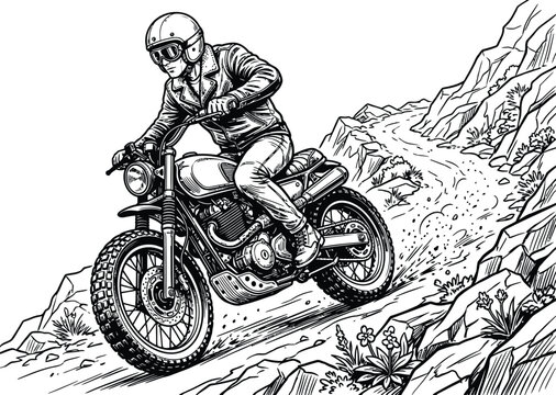 An adventurer rides a powerful scrambler motorcycle up a steep rocky mountain path during an off-road challenge