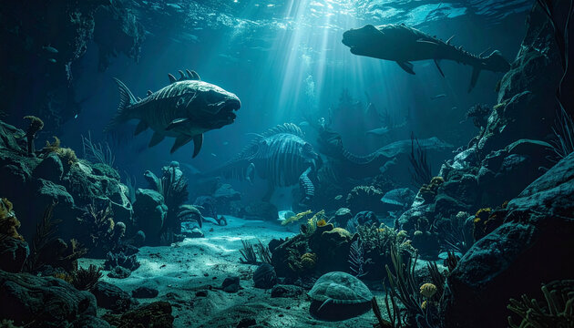 Prehistoric marine life and ancient fish in an underwater seabed scene