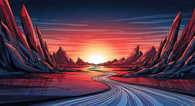 Vibrant Sunset Over a Serene Alien River Landscape with Jagged Rock Formations and Reflective Waters