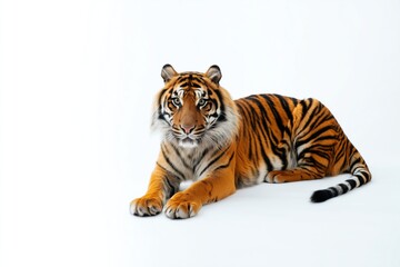 Fototapeta premium Tiger Resting on White Surface in a Studio Setting During the Day
