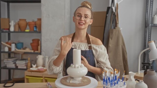 Woman wearing apron and glasses shaping a ceramic vase with hands on a spinning pottery wheel in a studio among pots and brushes; creative calm.