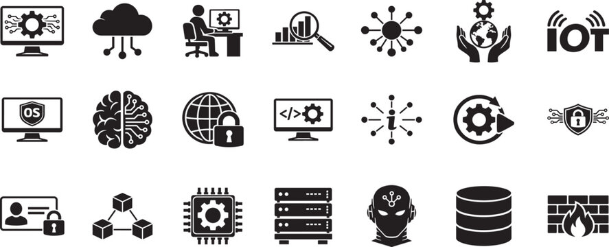 Information technology icon set with modern symbols for digital network computing and tech systems