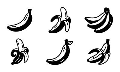 Hand drawn banana icon set, black and white fruit doodles, 6 organic banana vector illustrations, minimalist tropical food sketches for menu design © DesignHost