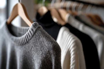 Fototapeta premium A cozy collection of various knit sweaters displayed on wooden hangers in a stylish modern setting, perfect for showcasing seasonal fashion trends and textures.