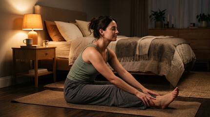 Fototapeta premium Woman Practicing Seated Forward Bend Yoga in Cozy Bedroom