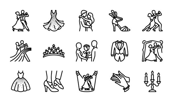 Ballroom dancing line icon set, elegant couple dance competition symbols, 15 black outline vector elements for wedding and formal gala events