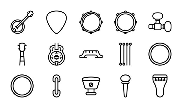 Banjo and bluegrass music icons, 15 line art vector elements of folk instruments and accessories, acoustic string instrument equipment set