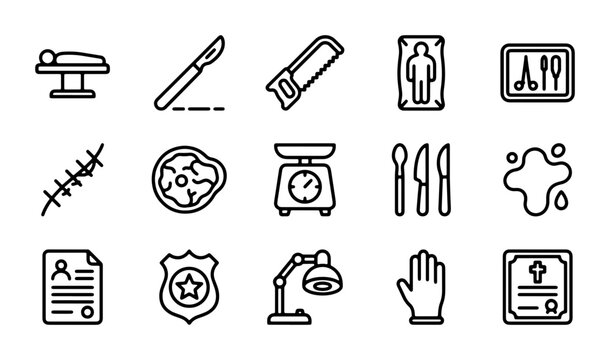 Forensic science and autopsy line icon set, 15 pathology and morgue vector symbols, medical examiner and crime scene investigation elements