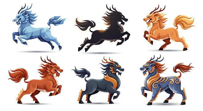 Collection of Mythical Creatures Illustrative Depictions of Chinese Kirin Horses in Various Colors and Poses