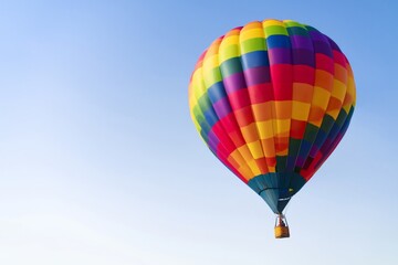Naklejka premium Hot Air Balloon Floats in the Sky During a Bright Sunny Day With Clear Blue Background
