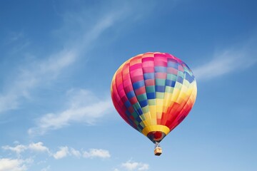 Fototapeta premium Colorful Hot Air Balloon Flying in the Clear Blue Sky During a Bright Sunny Day
