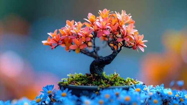 Bonsai tree with vibrant orange leaves, in a pot surrounded by blue flowers. Soft, blurred background