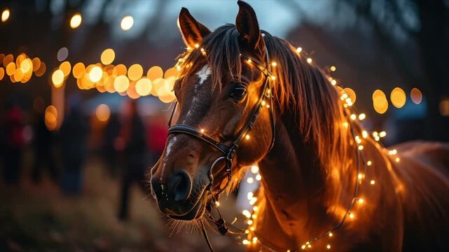 A brown horse, adorned with string lights, stands with a blurred background of festive lights