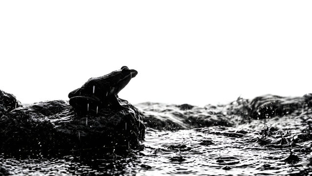 Black and white high contrast silhouette of a frog sitting on rock in splashing sea waves
