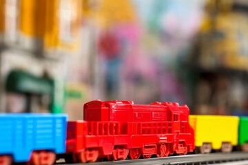 Fototapeta premium Colorful Toy Train Travels Along the Tracks Past Buildings and Other Toys During Playtime