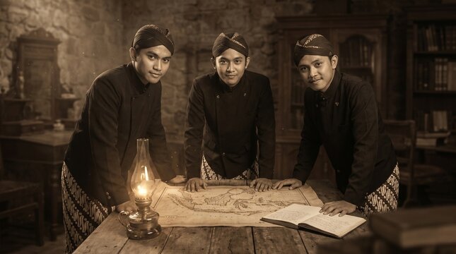 Vintage portrait of three young Indonesian scholars in traditional Javanese beskap and blangkon standing behind an old map and book