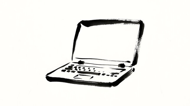 Artistic ink brush drawing of a laptop computer on white background.