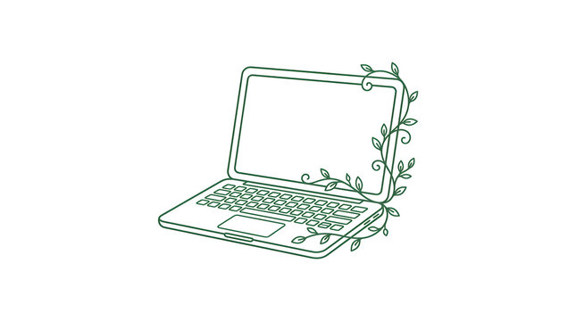 Green line art laptop with growing vine on white background.