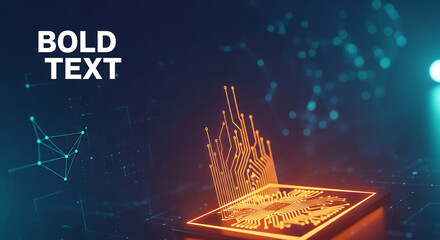 Fototapeta premium Glowing orange microchip with rising golden circuit lines on dark blue futuristic background, 3D rendering, perfect for technology, AI and innovation
