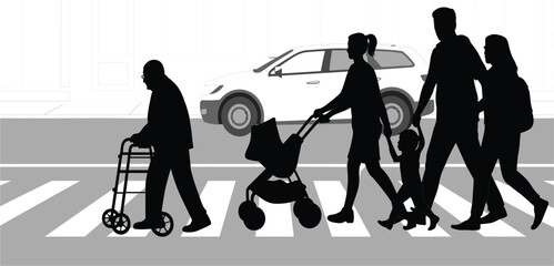 Professional black silhouette illustration of diverse pedestrians crossing a street at a city crosswalk vector © Arishfa