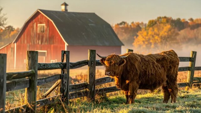 A Highland cow stands near a wooden fence at sunrise, a red barn in the background