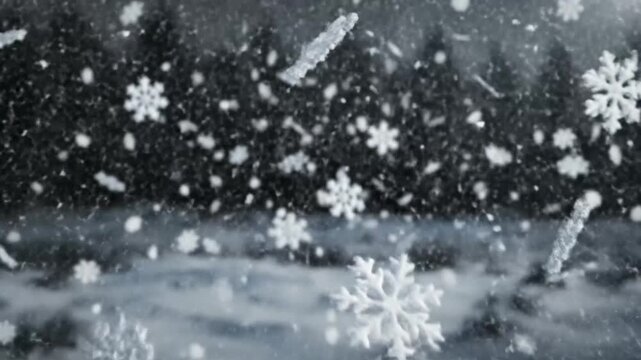Beautiful close up view of snowflakes falling against a blurred background of trees and snow during a winter snowfall