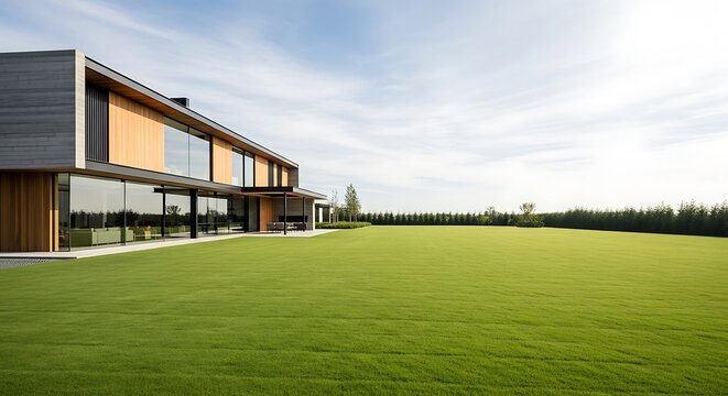 Modern luxury villa with expansive green lawn under a clear sky