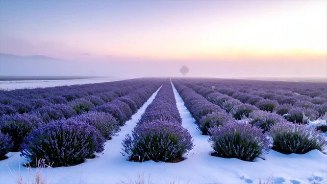 Rows of lavender bushes covered in snow under a dusky sky with distant hills and haze