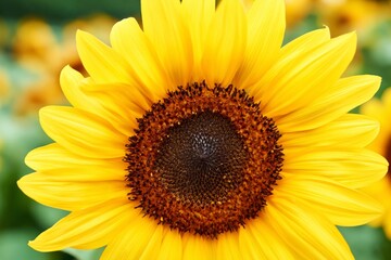 Naklejka premium Bright Sunflower Stands Upright in a Field During Daytime With Other Sunflowers in the Background