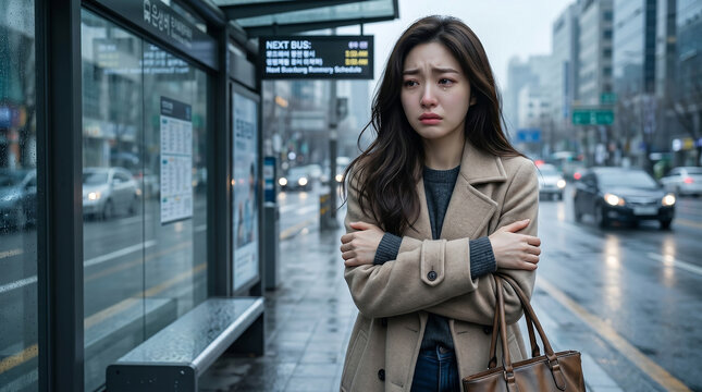 비 오는 정류장의 팔짱 낀 여성 / Woman with Crossed Arms at Rainy Stop