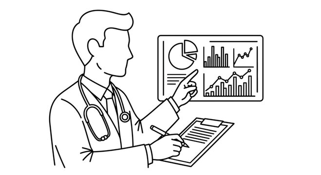 Doctor analyzing medical data charts and graphs on screen, writing notes