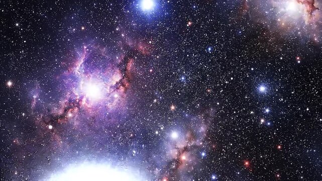Cinematic deep space journey through glowing purple nebula and bright distant stars