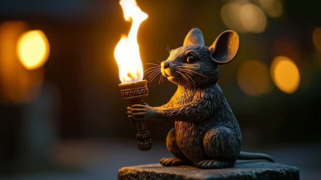 A bronze mouse statue holds a torch with a bright flame against a blurred, warm background