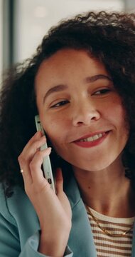 Woman, phone call and happy with discussion in office, hallway and contact at media company. Person, smile and mobile communication with consulting, chat or insight with talk at creative agency