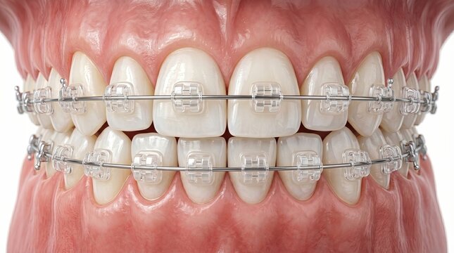 Closeup teeth ceramic braces showing precise alignment of translucent brackets and metal wire
