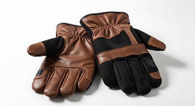 Pair of durable brown leather and black mesh work gloves on white background