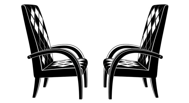 Black and white of two barber chairs with striped upholstery