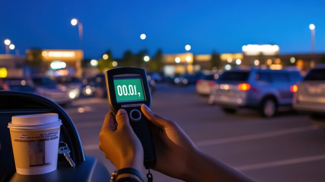 Person holding breathalyzer device in parking lot at night