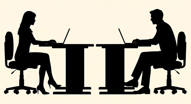 Two business professionals shaking hands over a desk with laptops, stylized handshake computer