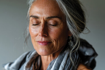 Obraz premium A serene close-up of a beautifully aged woman with silver hair and peaceful expression, capturing her wisdom and grace in a minimalist background, evoking tranquility.