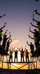 Naklejka premium People Celebrate on Scaffolding.